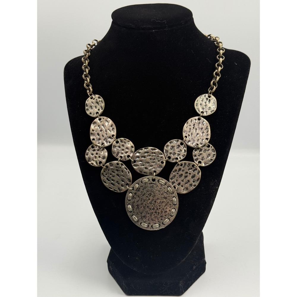 Hammered Metal Bib Statement Necklace Antiqued Silver Tone Textured Disc Boho